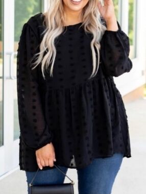 ChicSoul Black Sheer Swiss Dot Blouse Long Sleeve Flowy Top Size 2XL